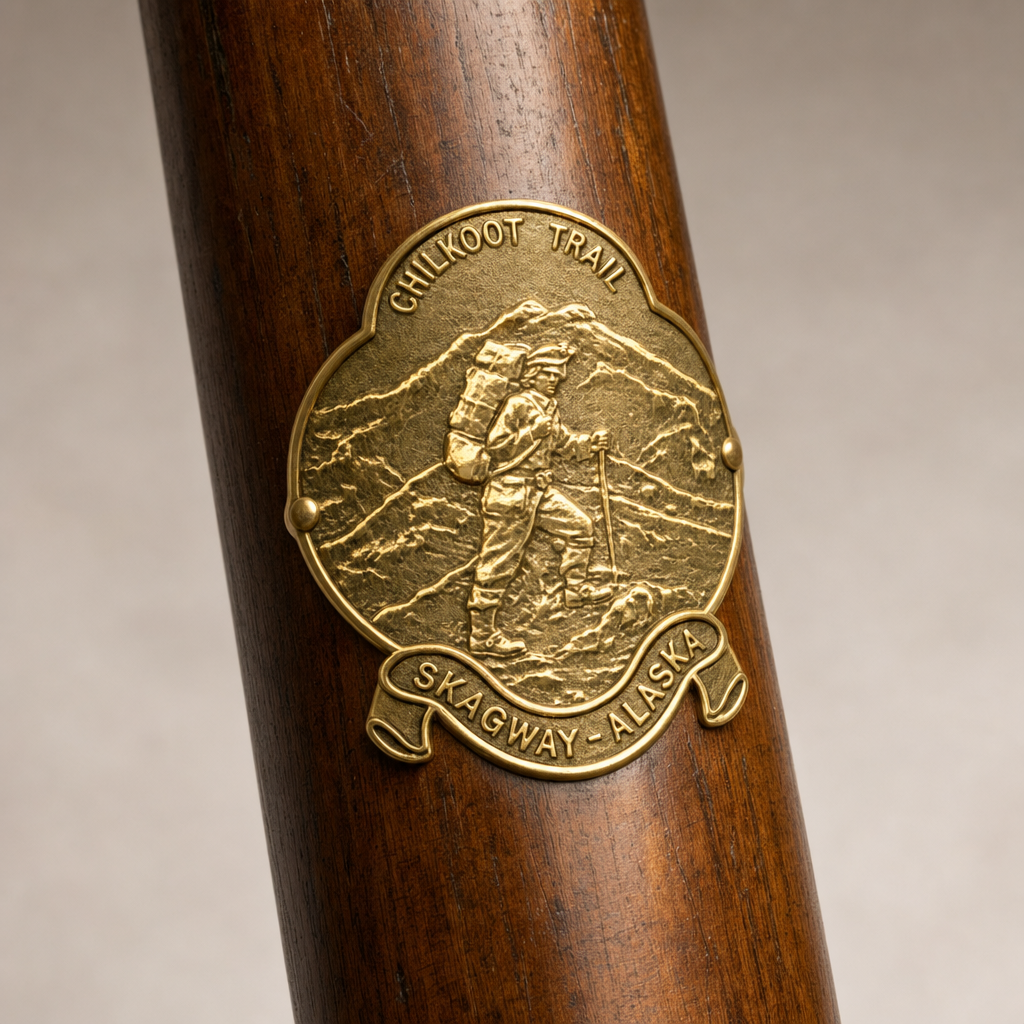 Chilkoot Trail State Park hiking stick medallion installed on a wooden hiking staff