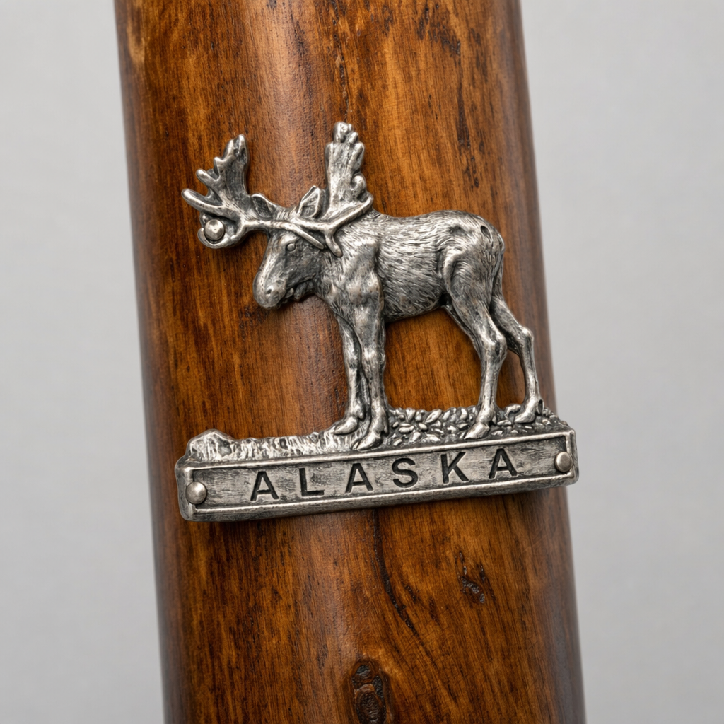 Moose hiking stick medallion installed on a wooden hiking staff