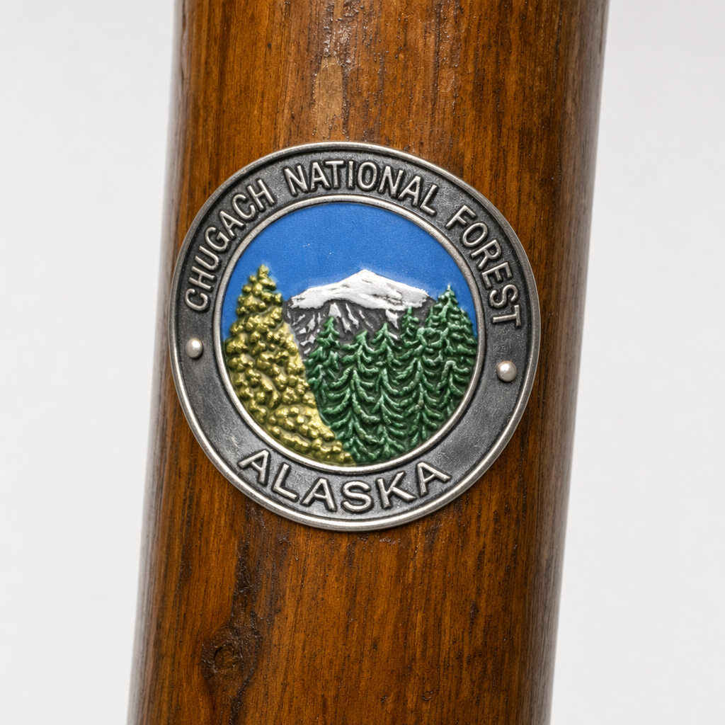 Chugach National Forest hiking stick medallion installed on a wooden hiking staff