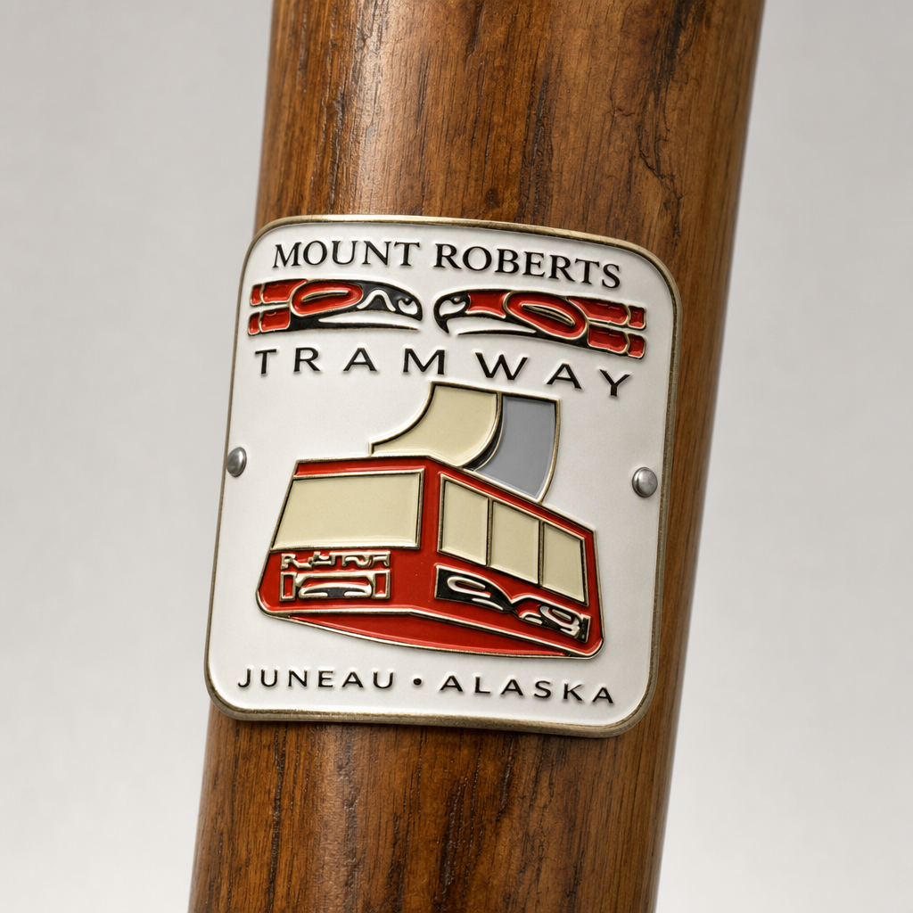 Mt. Roberts State Park Tramway hiking stick medallion installed on a wooden hiking staff