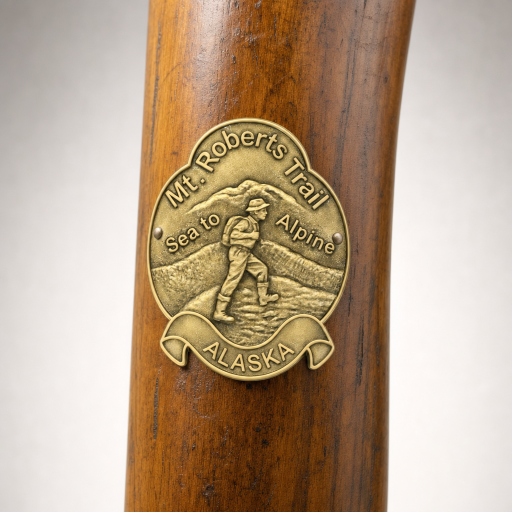 Mt. Roberts Trail hiking stick medallion installed on a wooden hiking staff