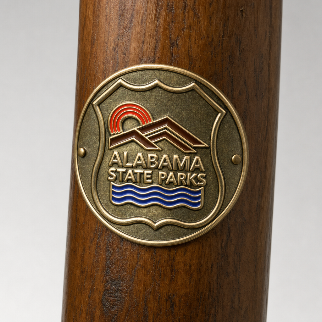 State Parks Logo hiking stick medallion installed on a wooden hiking staff