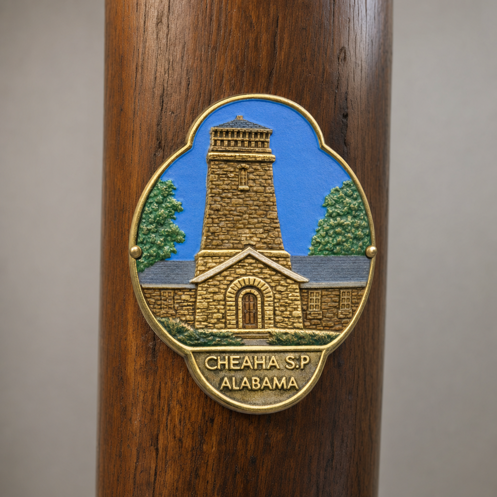 Cheaha State Park Tower hiking stick medallion installed on a wooden hiking staff