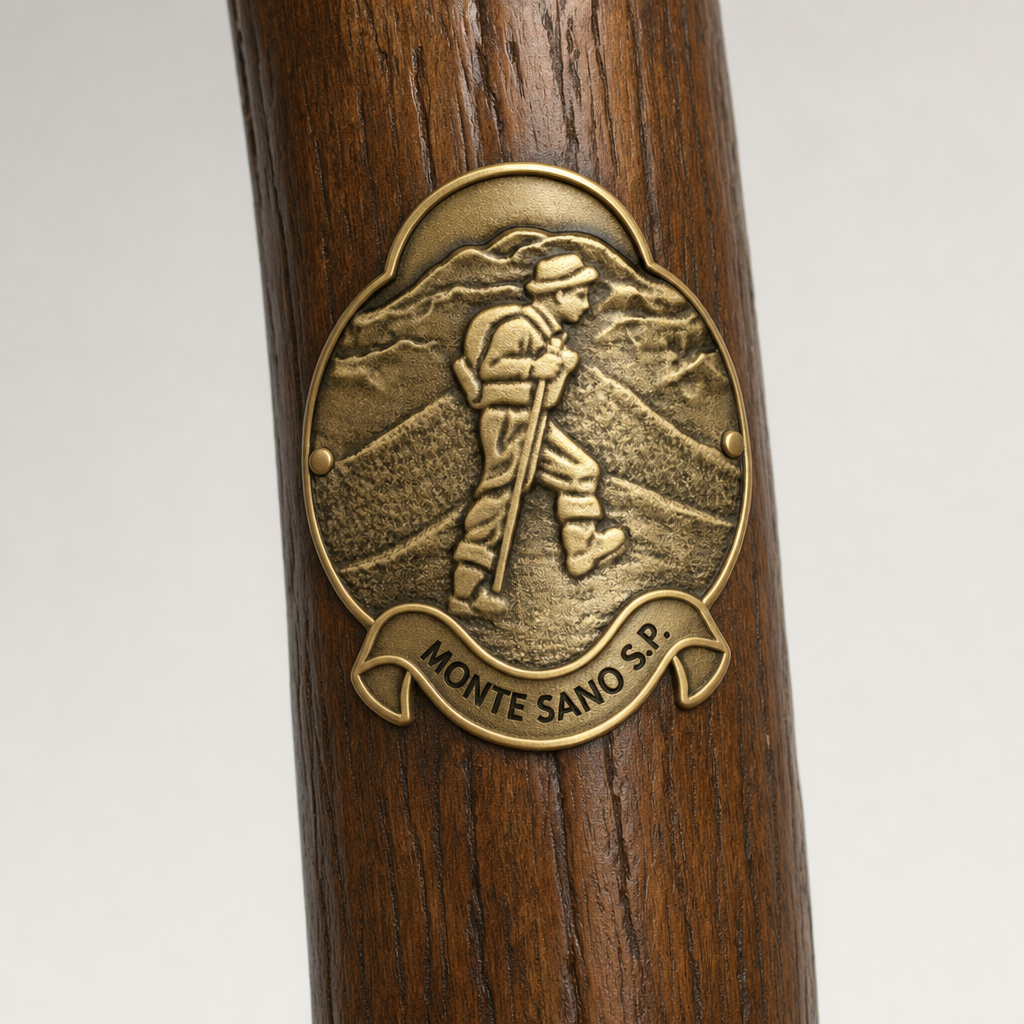 Monte Sano State Park hiking stick medallion installed on a wooden hiking staff