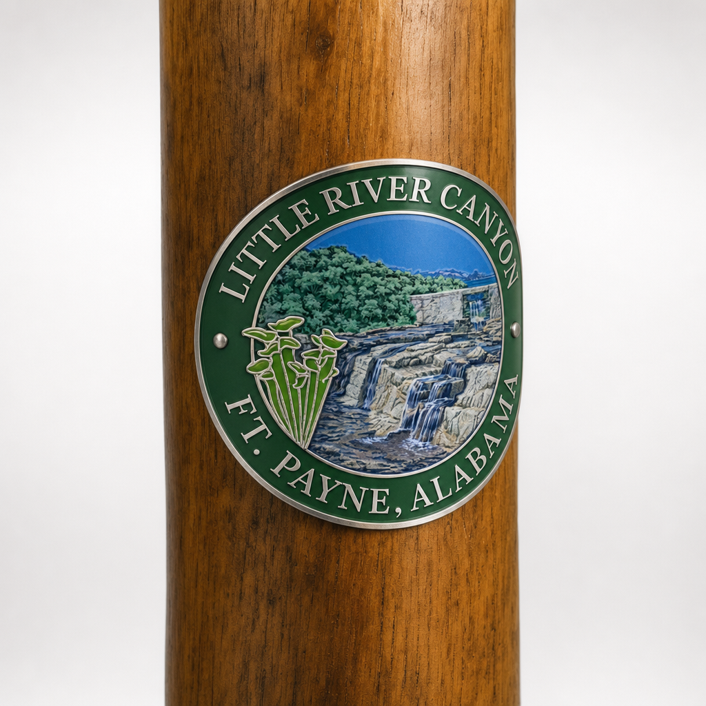 Little River Canyon National Preserve hiking stick medallion installed on a wooden hiking staff