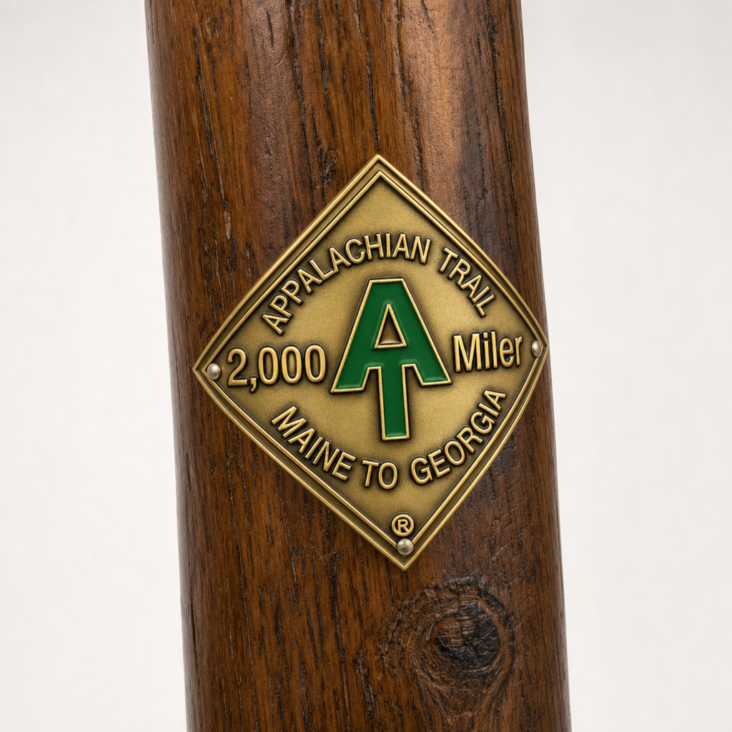 2,000 Miler hiking stick medallion installed on a wooden hiking staff