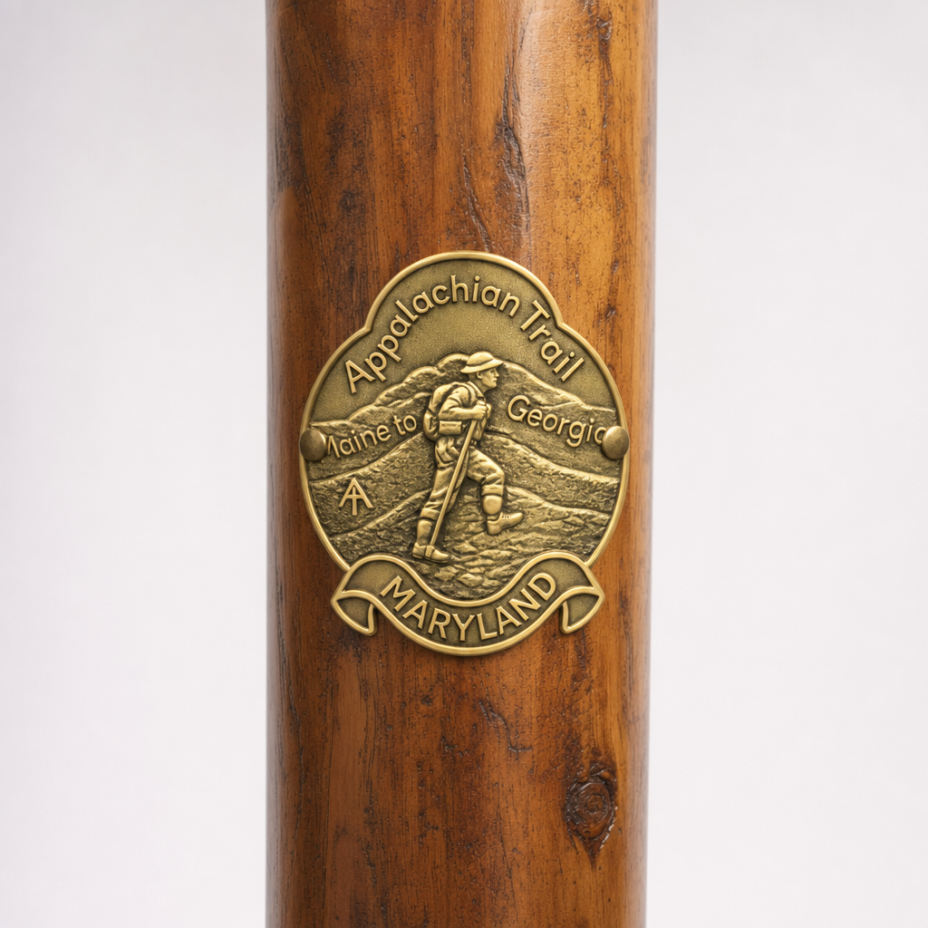 Maryland Appalachian Trail hiking stick medallion installed on a wooden hiking staff