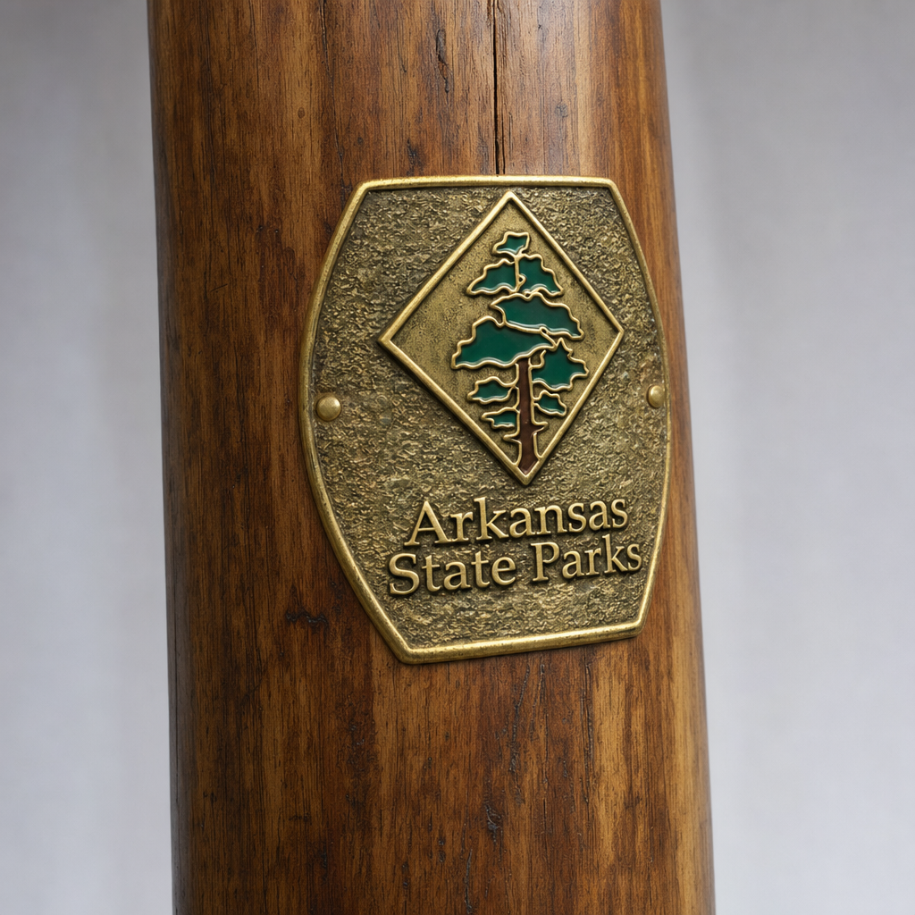 State Park State Park Logo hiking stick medallion installed on a wooden hiking staff