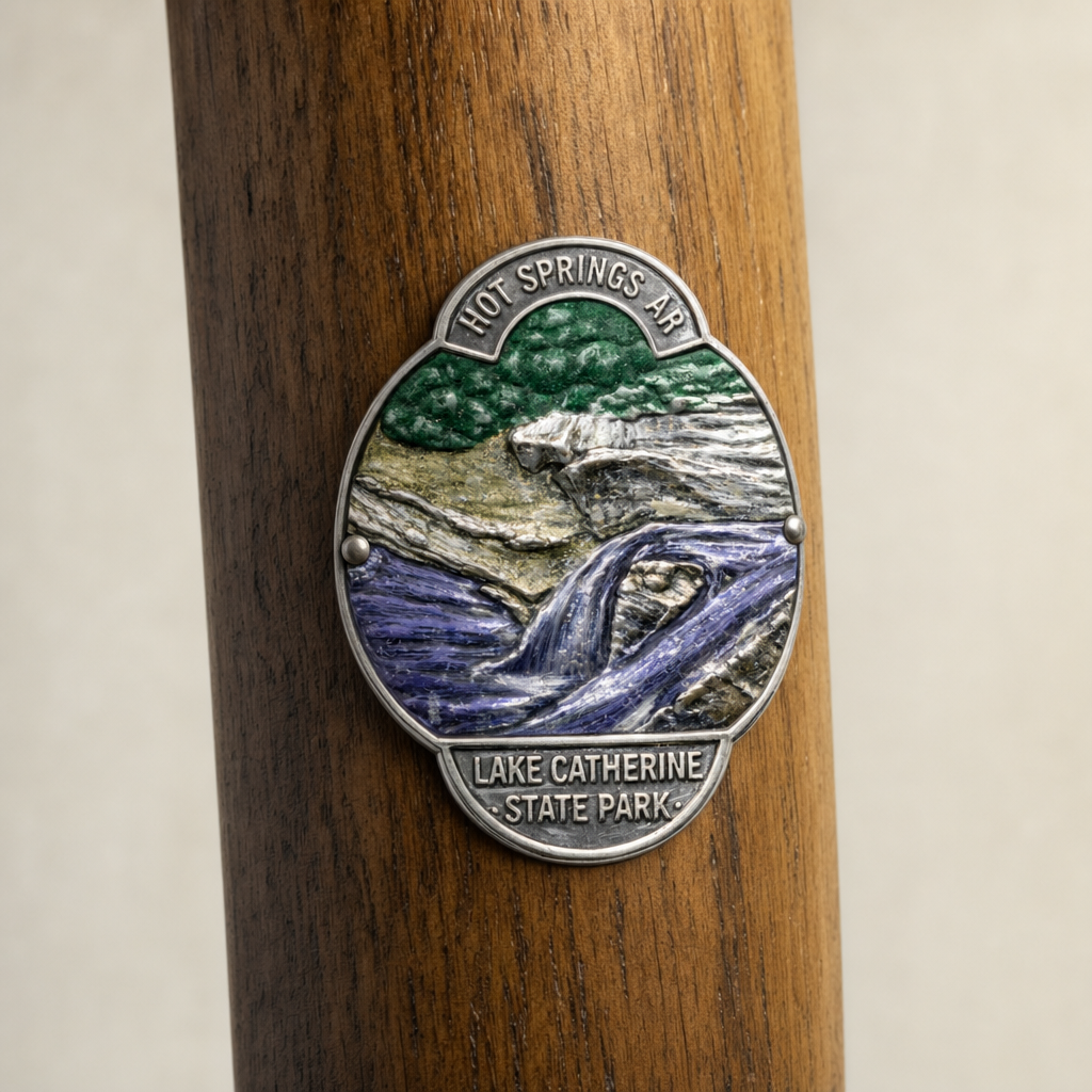 Lake Catherine State Park View hiking stick medallion installed on a wooden hiking staff