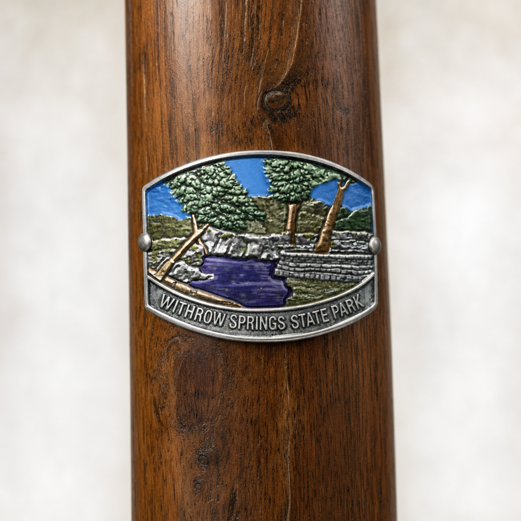 Withrow Springs State Park View hiking stick medallion installed on a wooden hiking staff