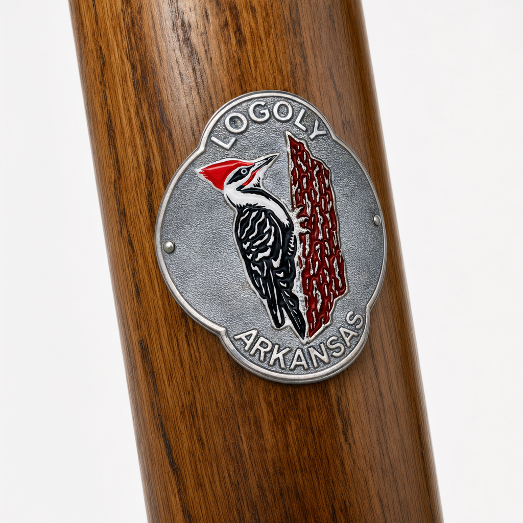 Logoly State Park hiking stick medallion installed on a wooden hiking staff