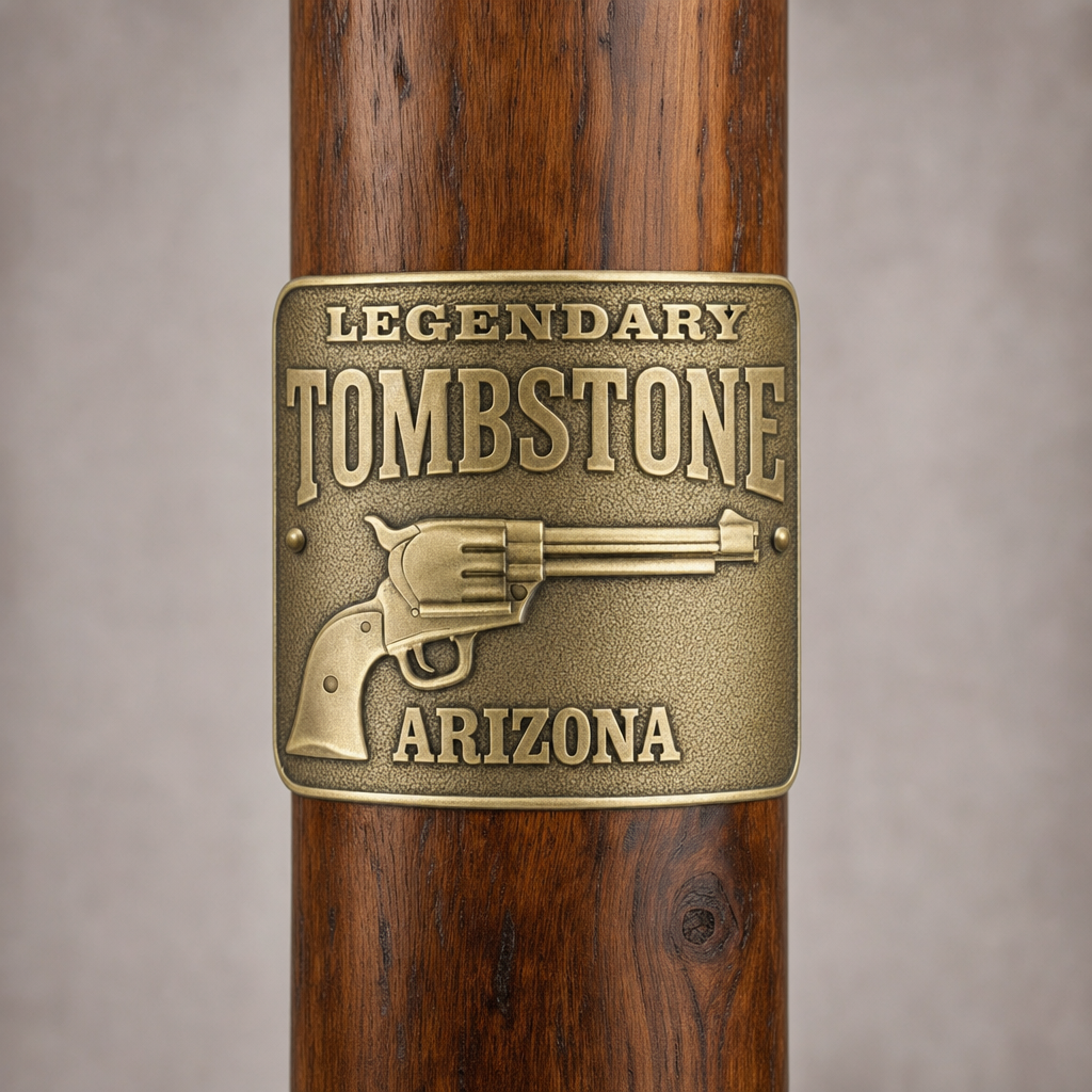 Tombstone hiking stick medallion installed on a wooden hiking staff
