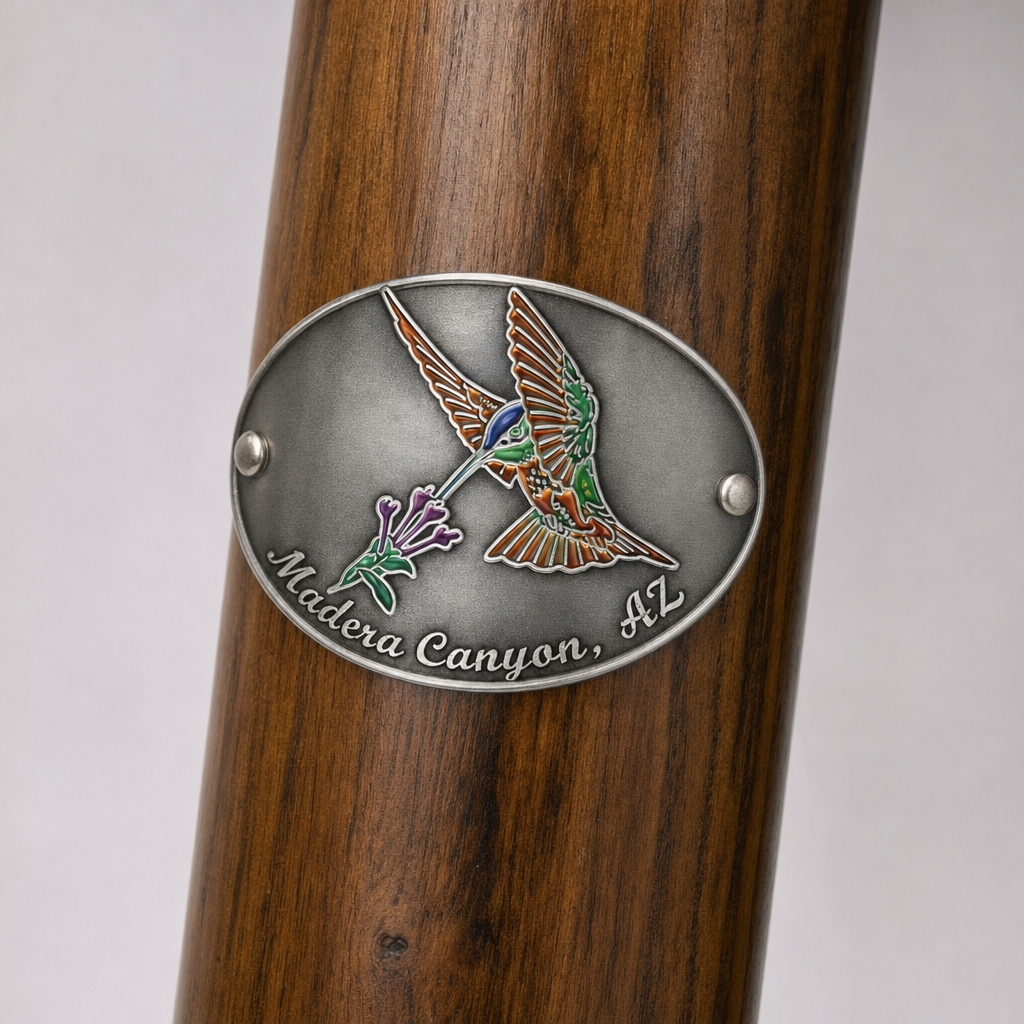 Madera Canyon State Park hiking stick medallion installed on a wooden hiking staff