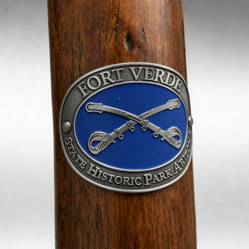 Fort Verde National Historical Site hiking stick medallion installed on a wooden hiking staff