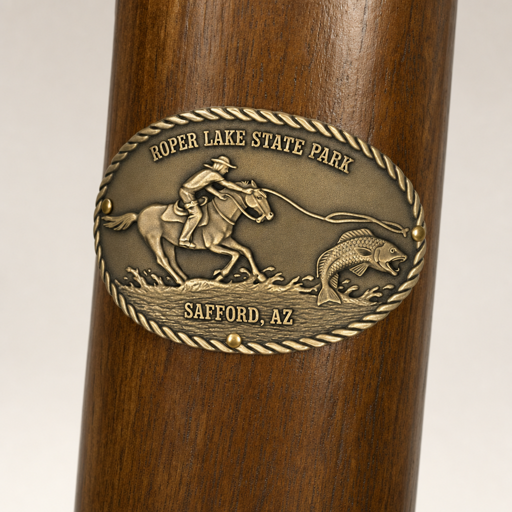 Roper Lake State Park hiking stick medallion installed on a wooden hiking staff