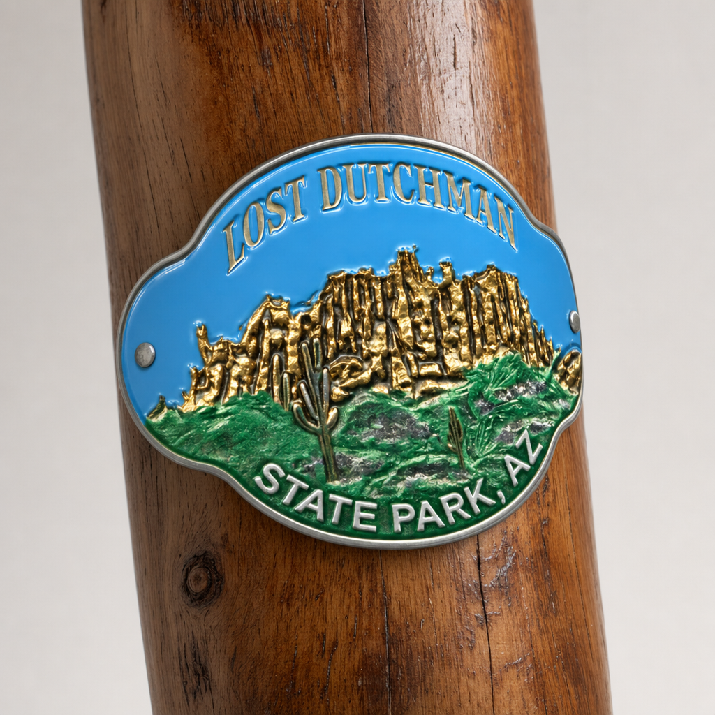 Lost Dutchman State Park hiking stick medallion installed on a wooden hiking staff