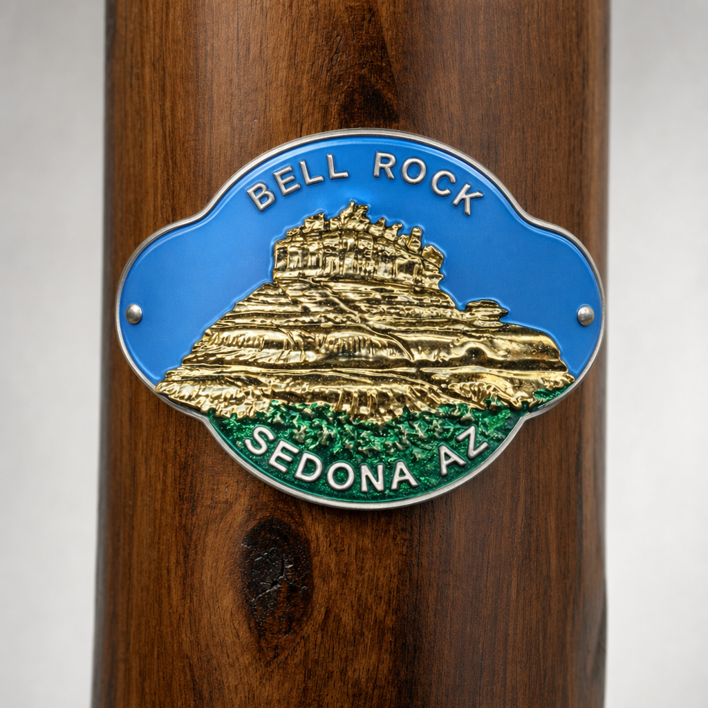 Bell Rock State Park hiking stick medallion installed on a wooden hiking staff