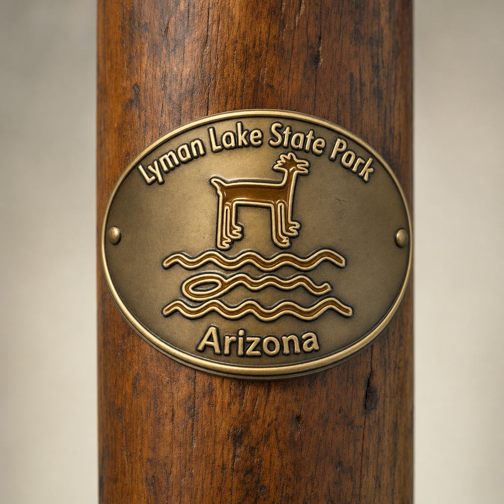 Lyman Lake State Park hiking stick medallion installed on a wooden hiking staff