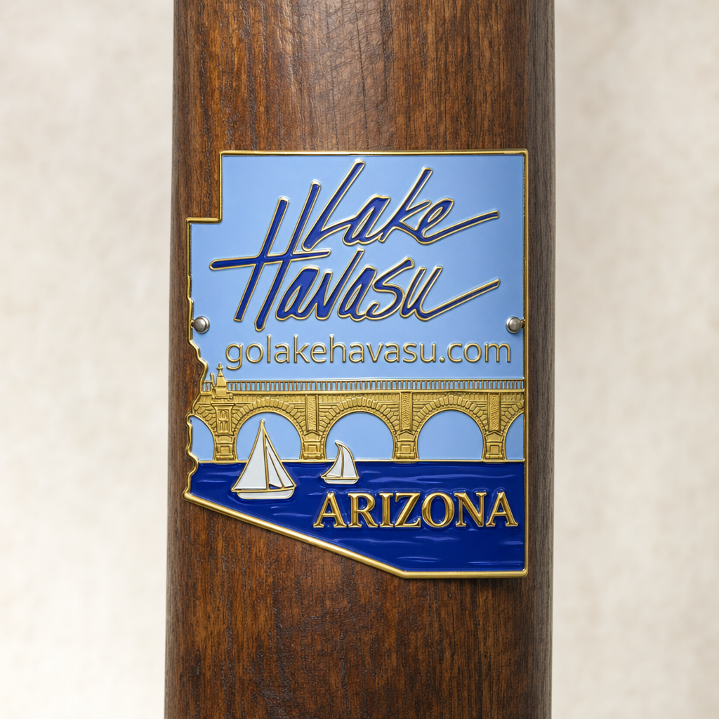 Lake Havasu Reservoir hiking stick medallion installed on a wooden hiking staff