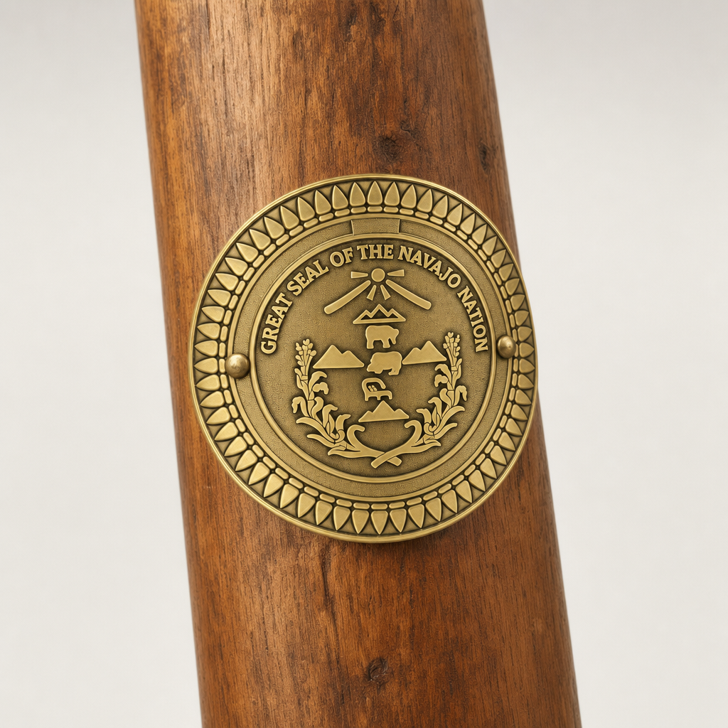 Great Seal Navajo Nation hiking stick medallion installed on a wooden hiking staff