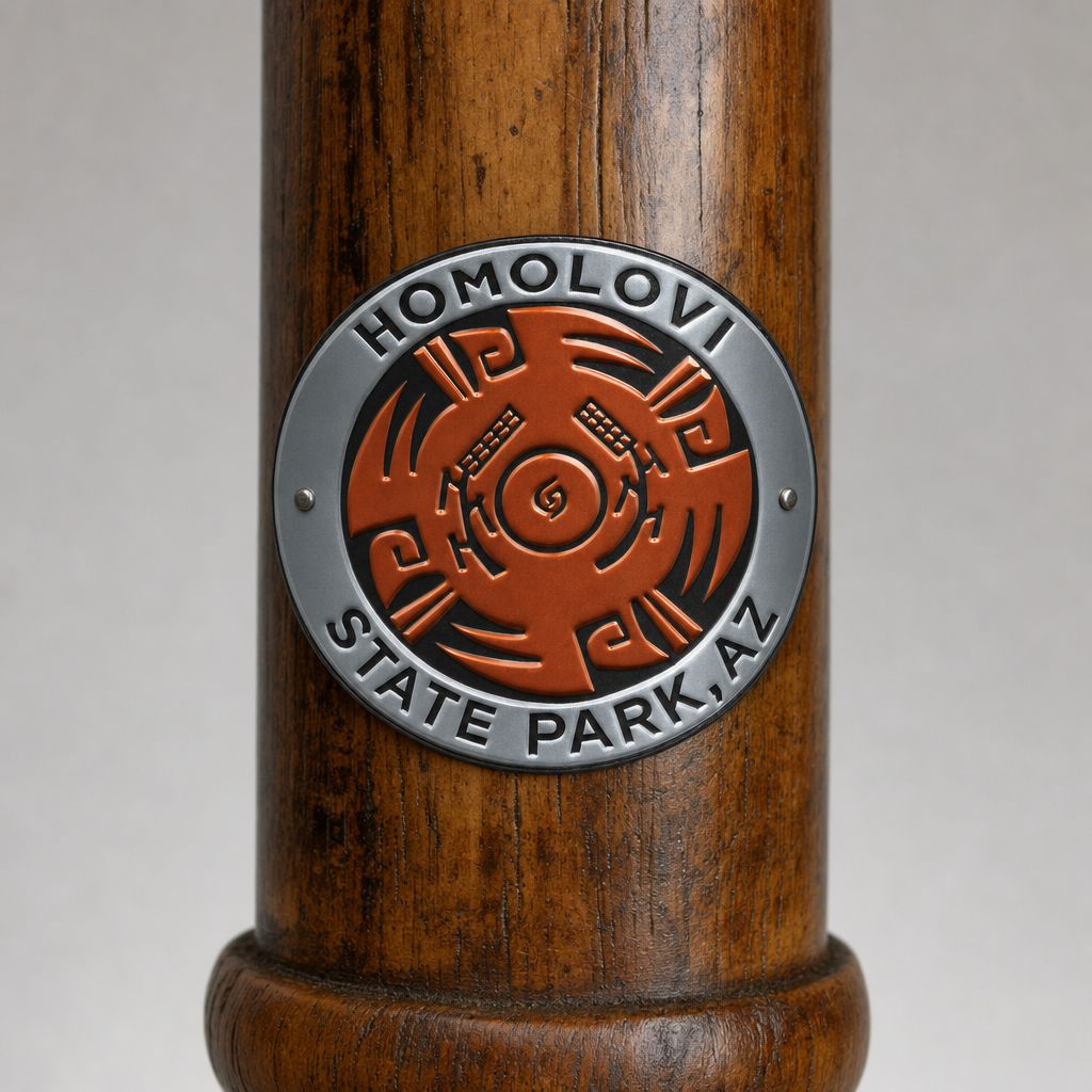 Homolovi Ruins State Park hiking stick medallion installed on a wooden hiking staff