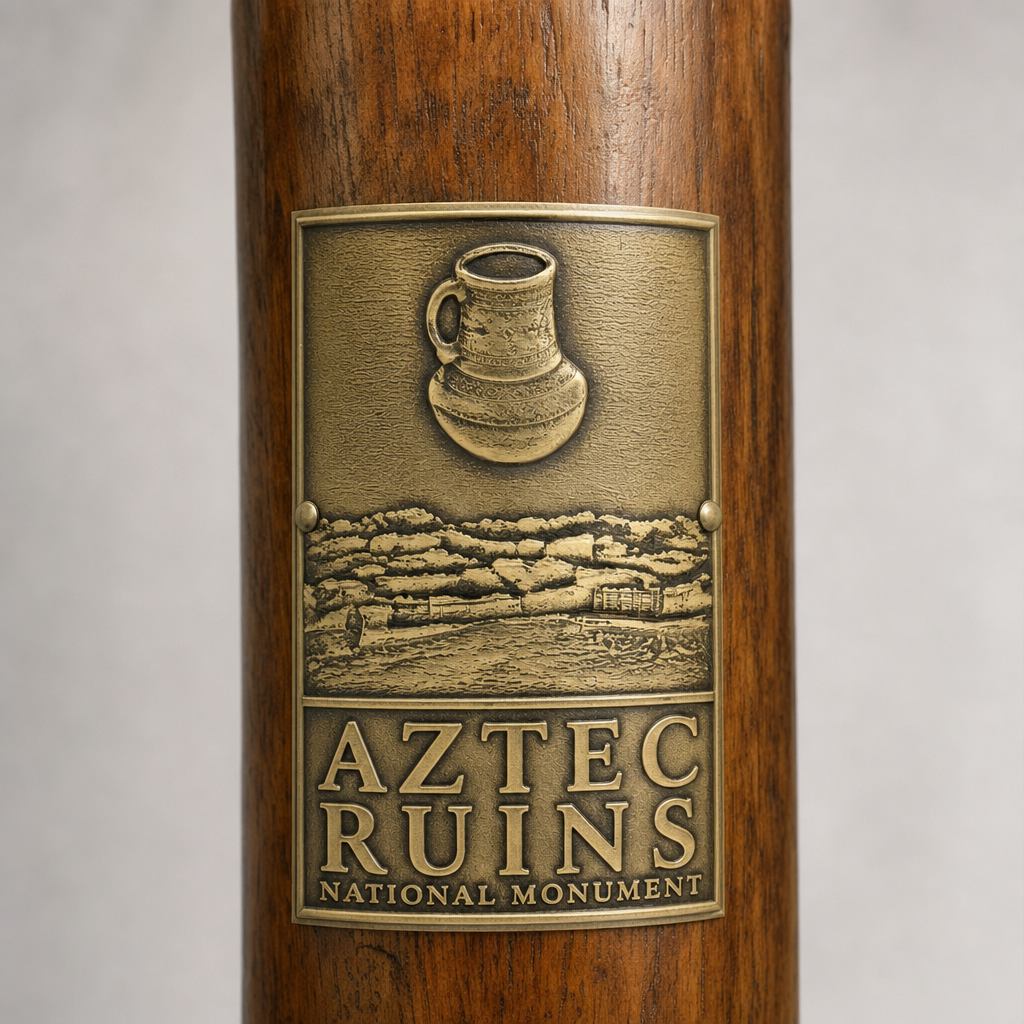 Aztec Ruins National Monument hiking stick medallion installed on a wooden hiking staff