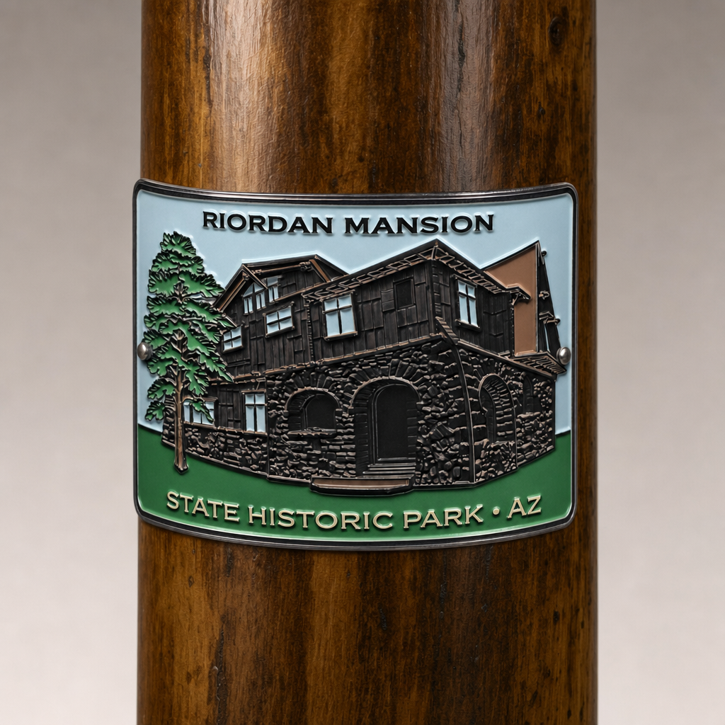 Riordan Mansion State Park hiking stick medallion installed on a wooden hiking staff