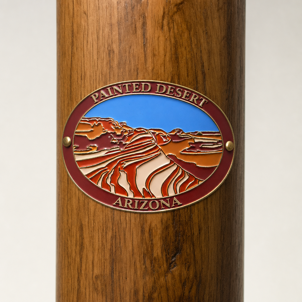 Painted Desert - Arizona hiking stick medallion installed on a wooden hiking staff
