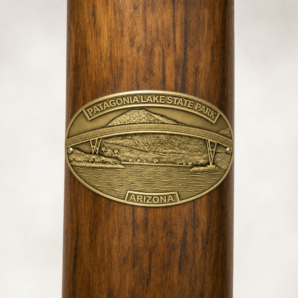 Patagonia Lake State Park - Arizona hiking stick medallion installed on a wooden hiking staff