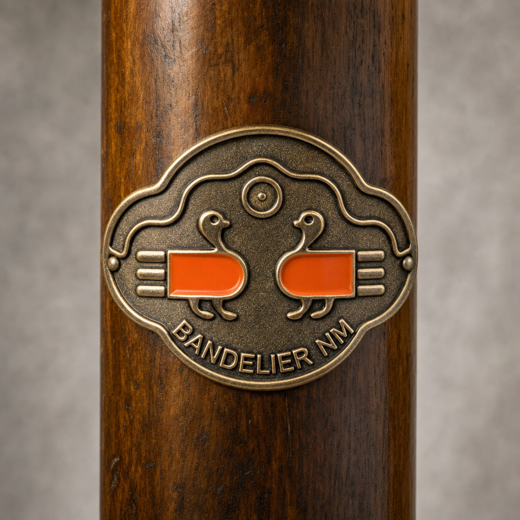 Bandelier National Monument Park Logo hiking stick medallion installed on a wooden hiking staff