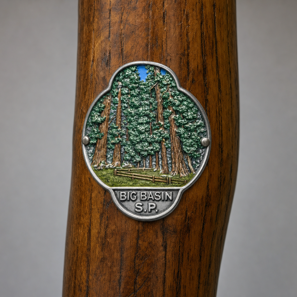 Big Basin State Park Redwood Trees hiking stick medallion installed on a wooden hiking staff