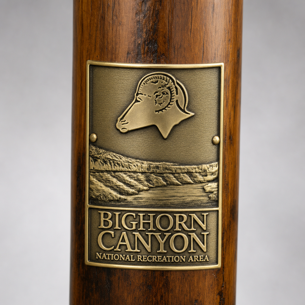 Bighorn Canyon National Recreation Area hiking stick medallion installed on a wooden hiking staff