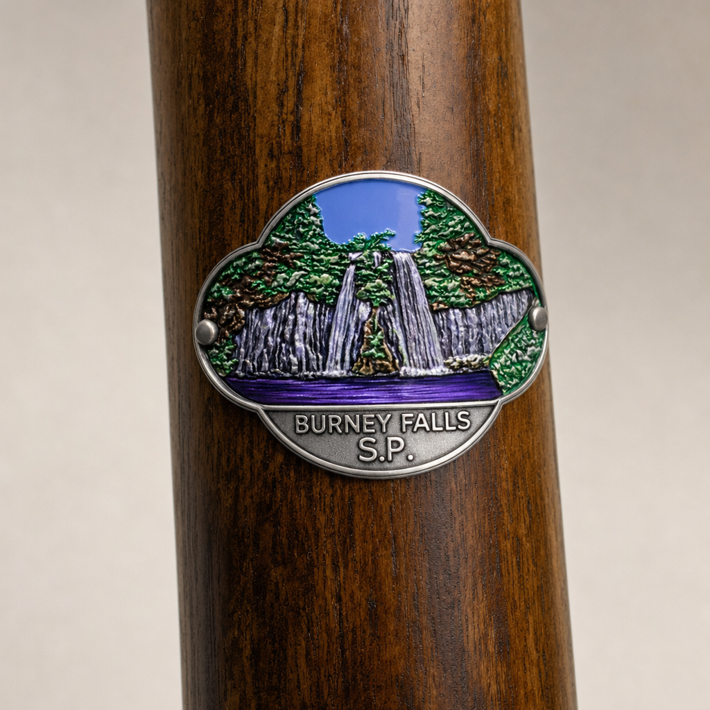 Burney Falls State Park Water Fall hiking stick medallion installed on a wooden hiking staff