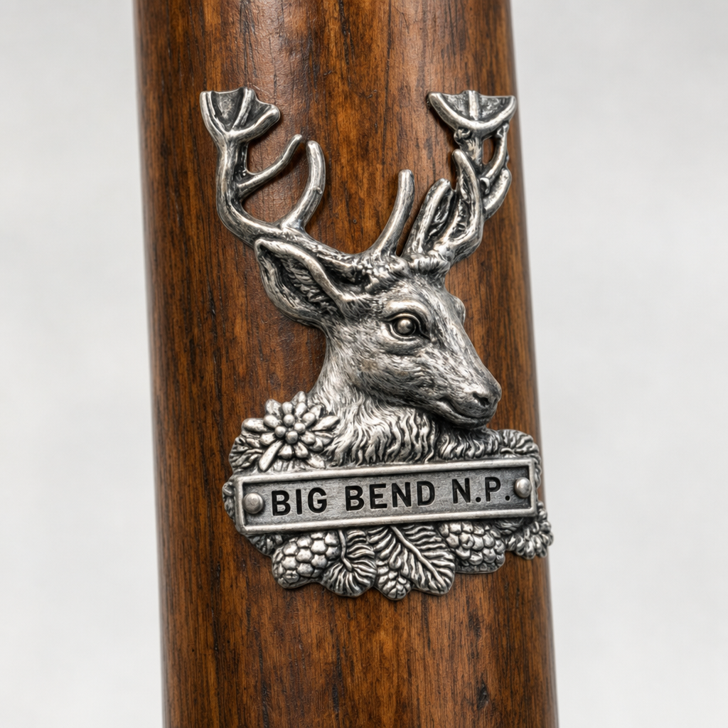 Big Bend National Park Deer hiking stick medallion installed on a wooden hiking staff
