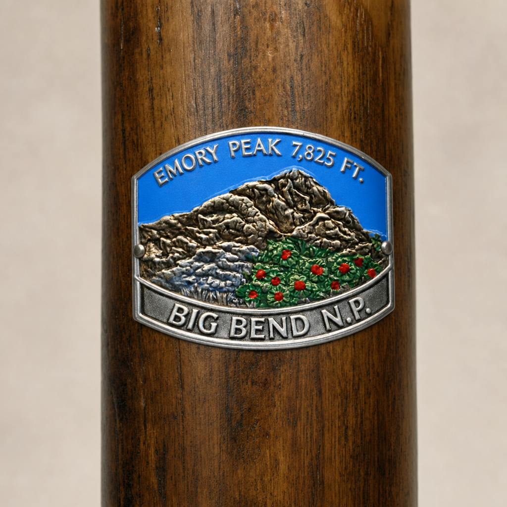 Big Bend National Park Emory Peak hiking stick medallion installed on a wooden hiking staff