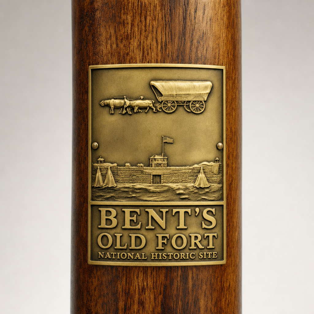 Bent's Old Fort National Historical Site hiking stick medallion installed on a wooden hiking staff