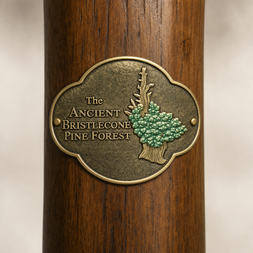 Bristlecone Pine Forest National Park hiking stick medallion installed on a wooden hiking staff