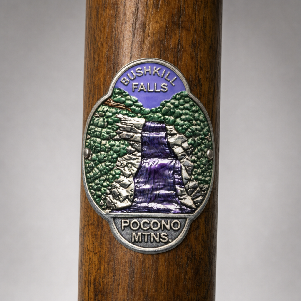 Bushkill Falls State Park Pocono Mountains hiking stick medallion installed on a wooden hiking staff