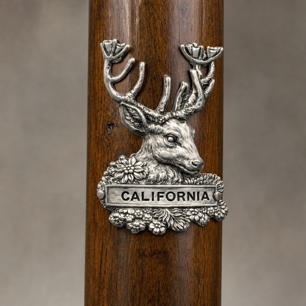 California Deer hiking stick medallion installed on a wooden hiking staff