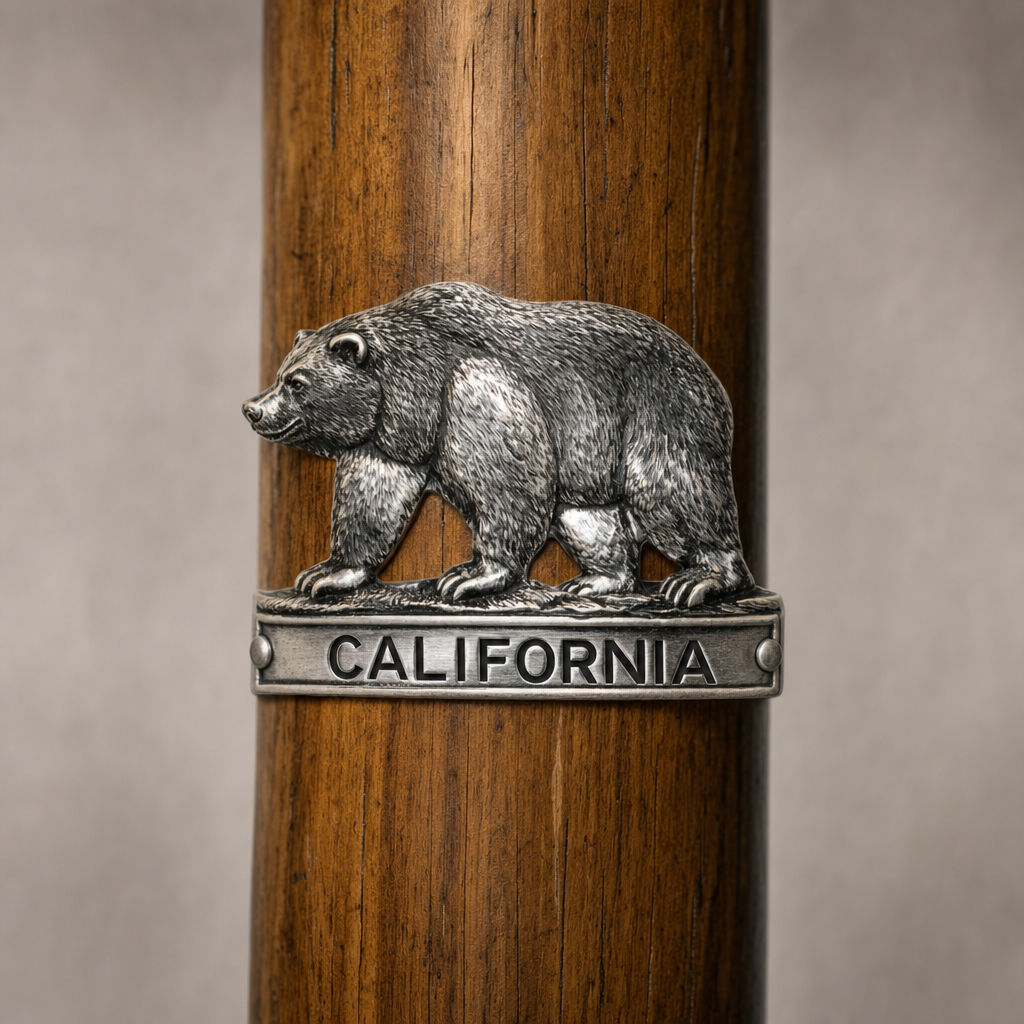 California Bear hiking stick medallion installed on a wooden hiking staff