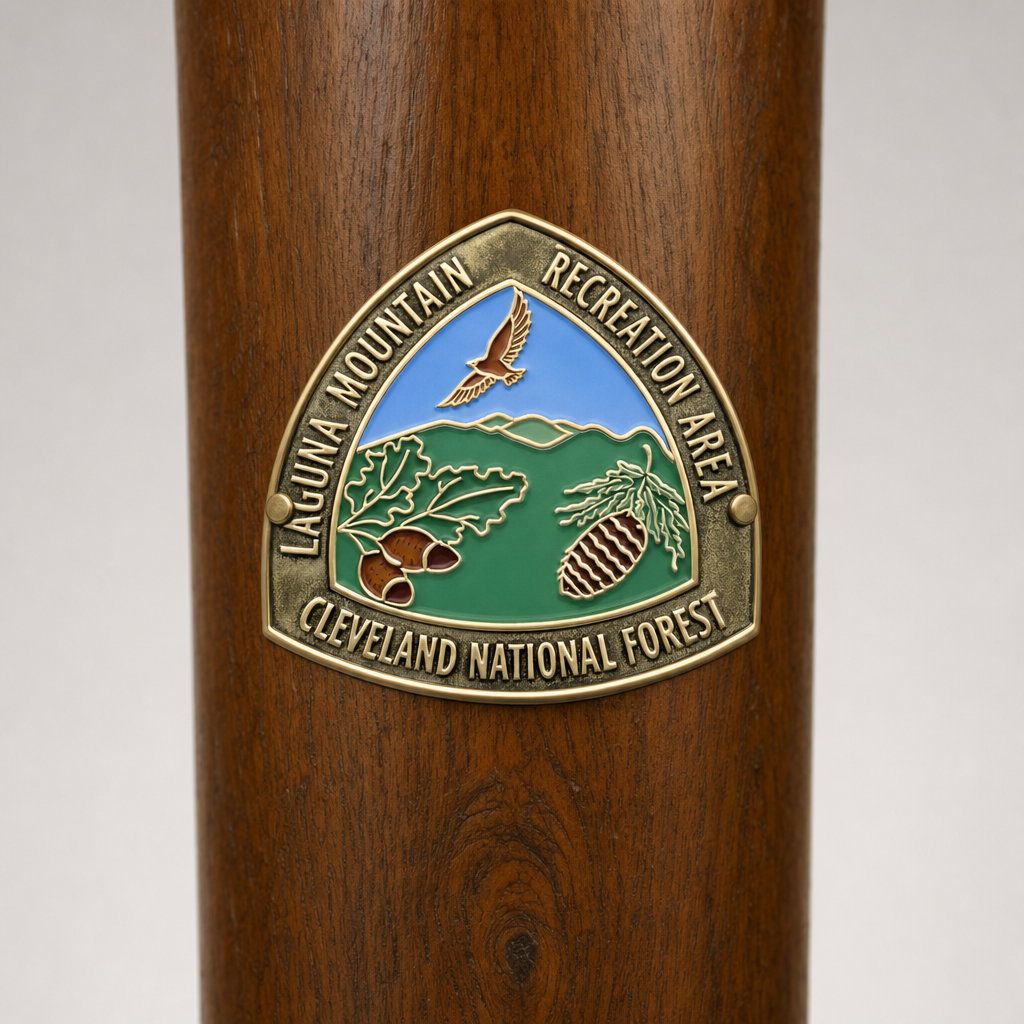 Laguna Mt. State Park hiking stick medallion installed on a wooden hiking staff