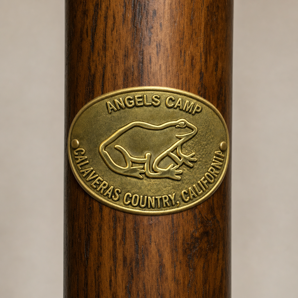 Angels Camp State Park Frog hiking stick medallion installed on a wooden hiking staff