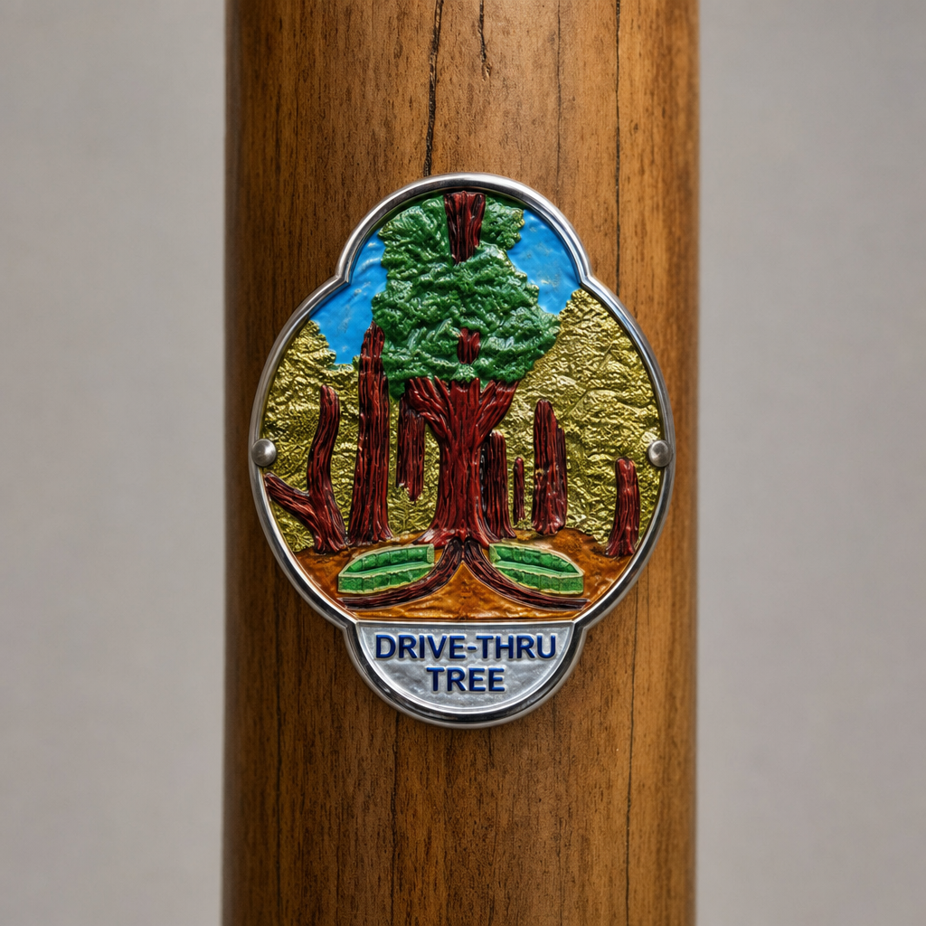 Drive-Thru Tree State Park hiking stick medallion installed on a wooden hiking staff