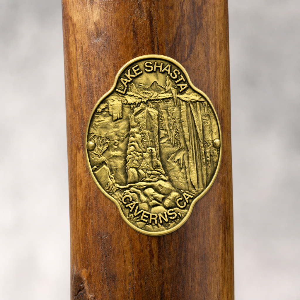 Lake Shasta Caverns - View hiking stick medallion installed on a wooden hiking staff