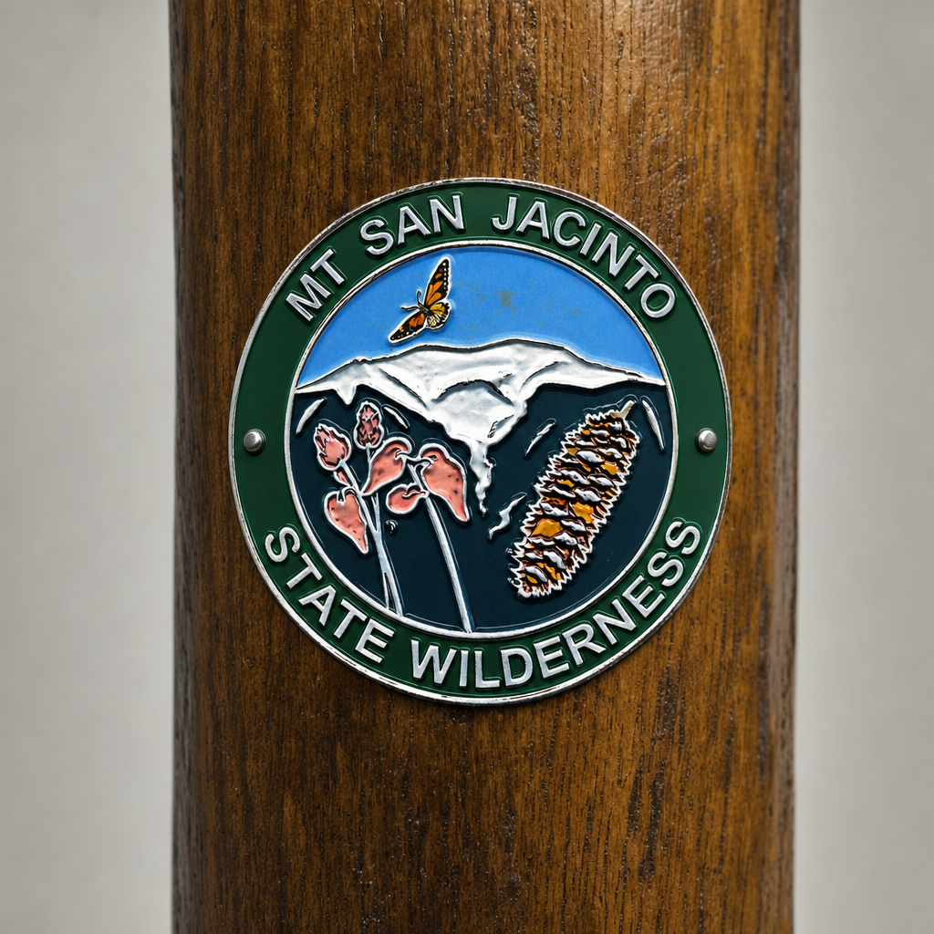 Mt. San Jacinto Wilderness State Park hiking stick medallion installed on a wooden hiking staff