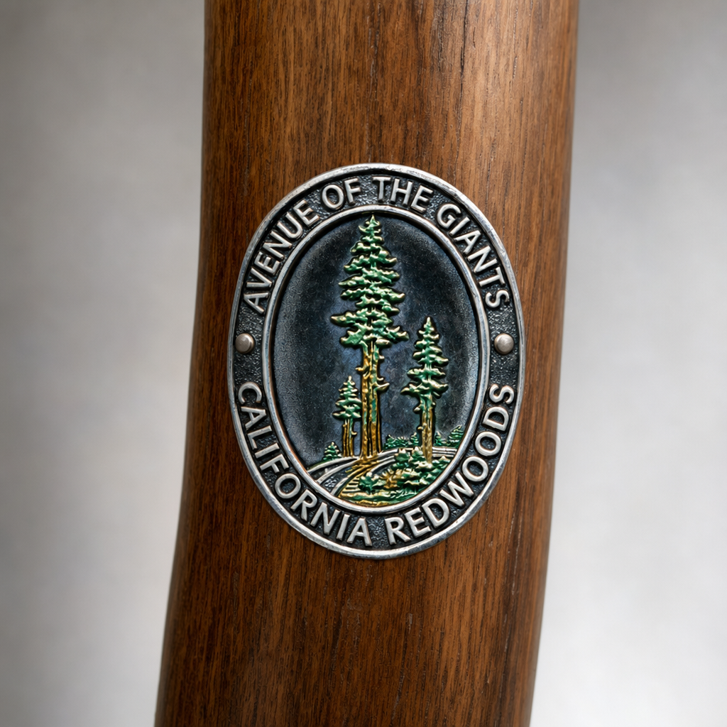 Avenue of the Giants State Park hiking stick medallion installed on a wooden hiking staff