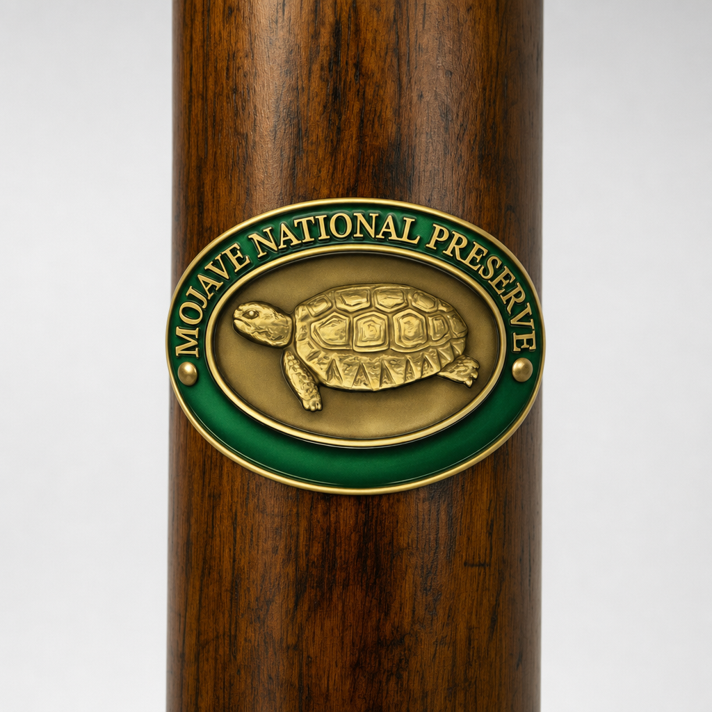Mojave (Tortoise) National Preserve hiking stick medallion installed on a wooden hiking staff