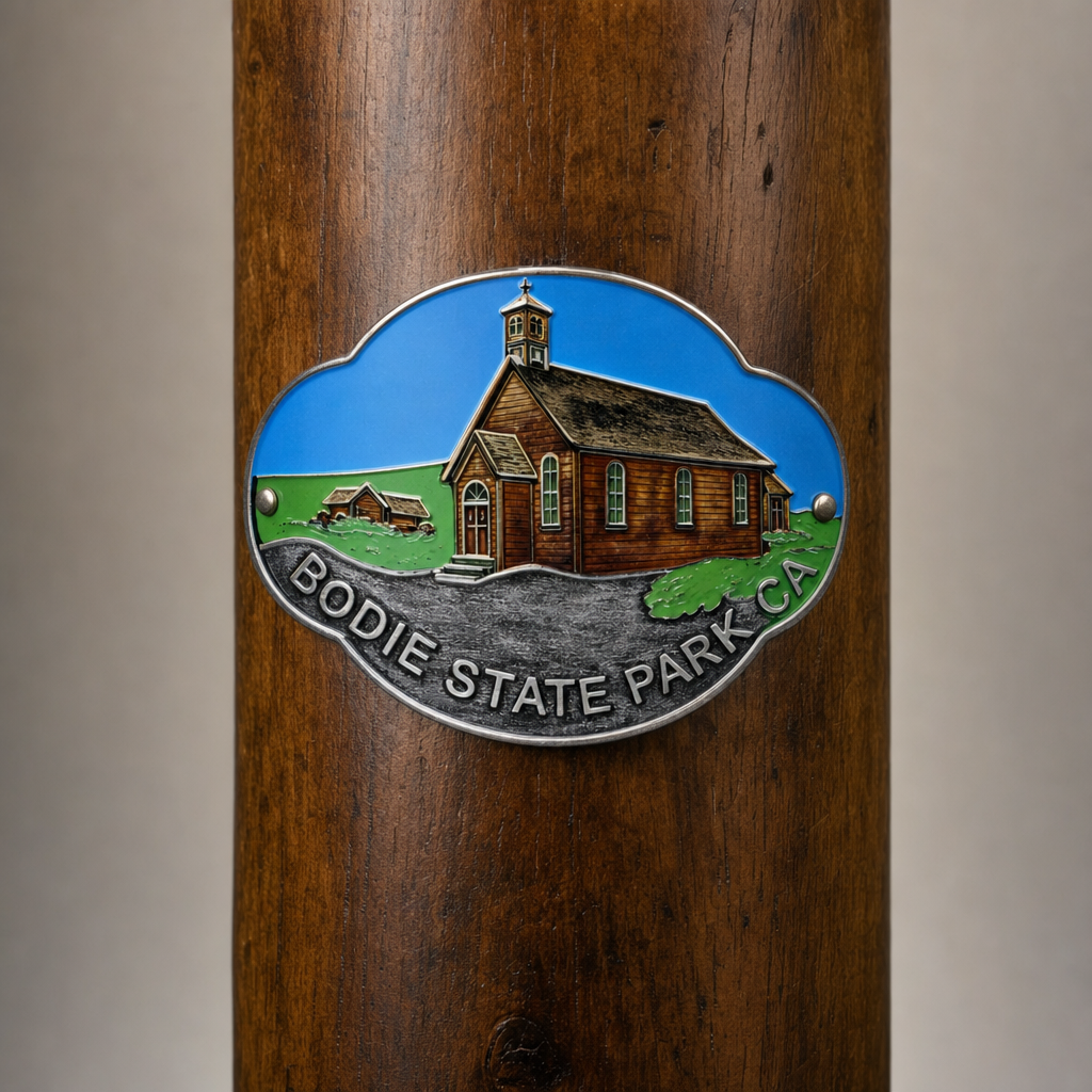 Bodie State Park hiking stick medallion installed on a wooden hiking staff