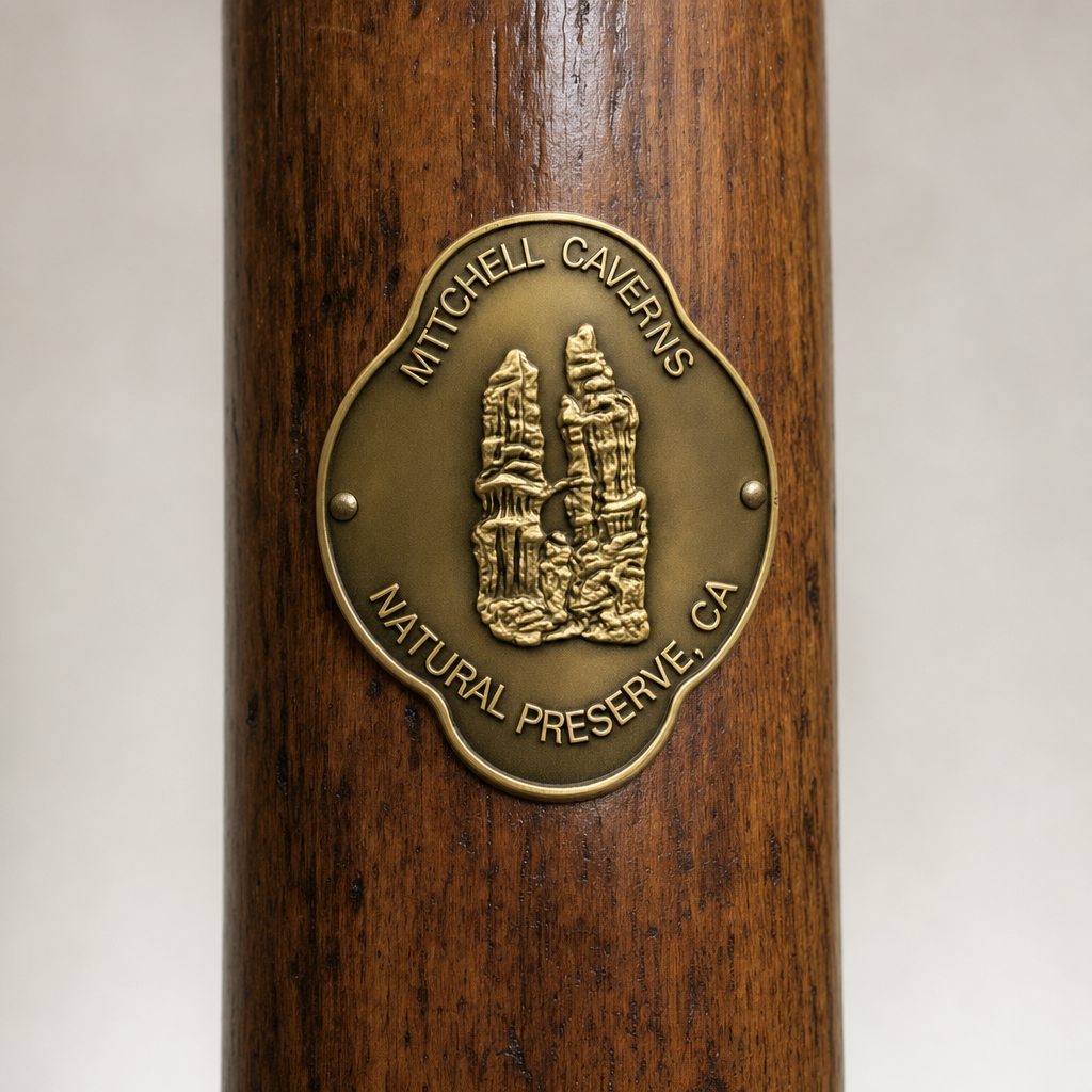 Mitchell Caverns State Park hiking stick medallion installed on a wooden hiking staff
