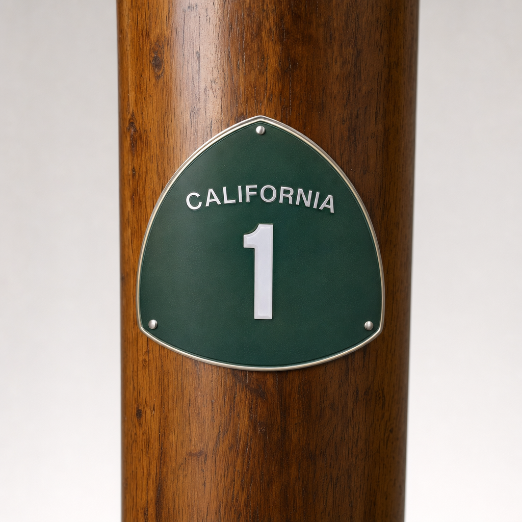 Highway 1 All-American Road hiking stick medallion installed on a wooden hiking staff